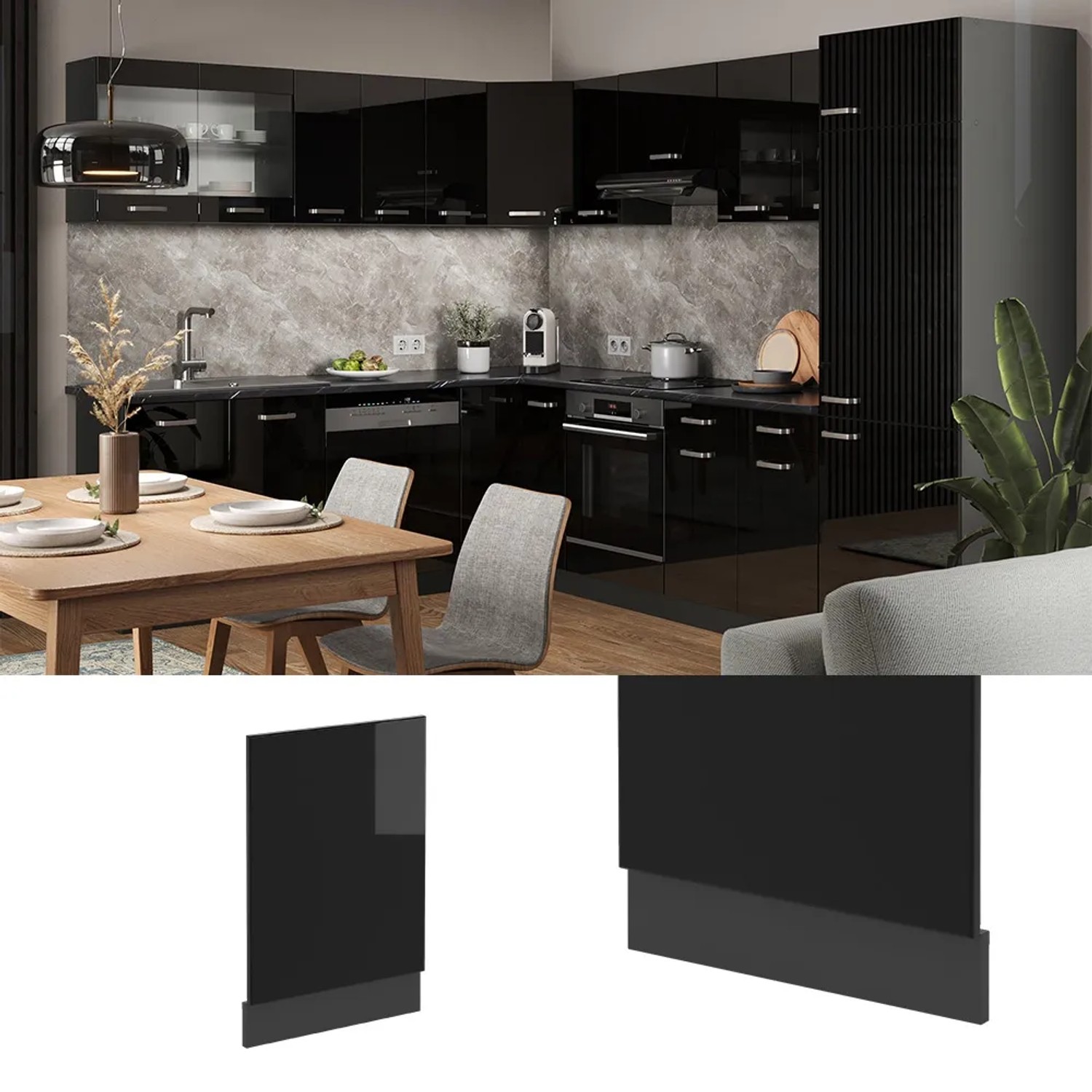 Vicco Frontblende R-Line, schwarz hochglanz/anthrazit, 45 cm, für Küchenschränke.