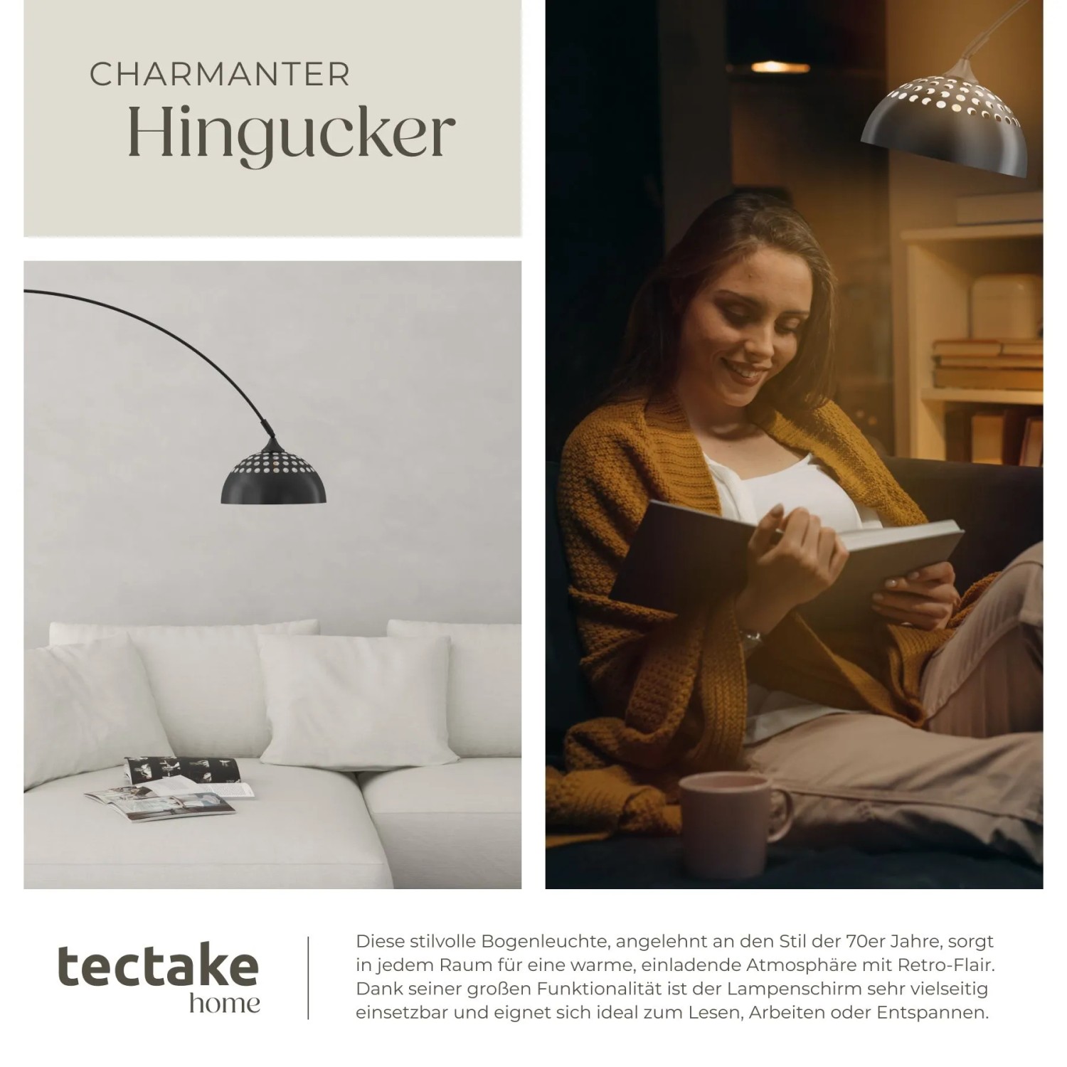 Schwarze Tectake Arcus Bogenleuchte im 70er Retro-Stil. Perforierter Schirm beleuchtet eine lesende Person im Wohnzimmer.