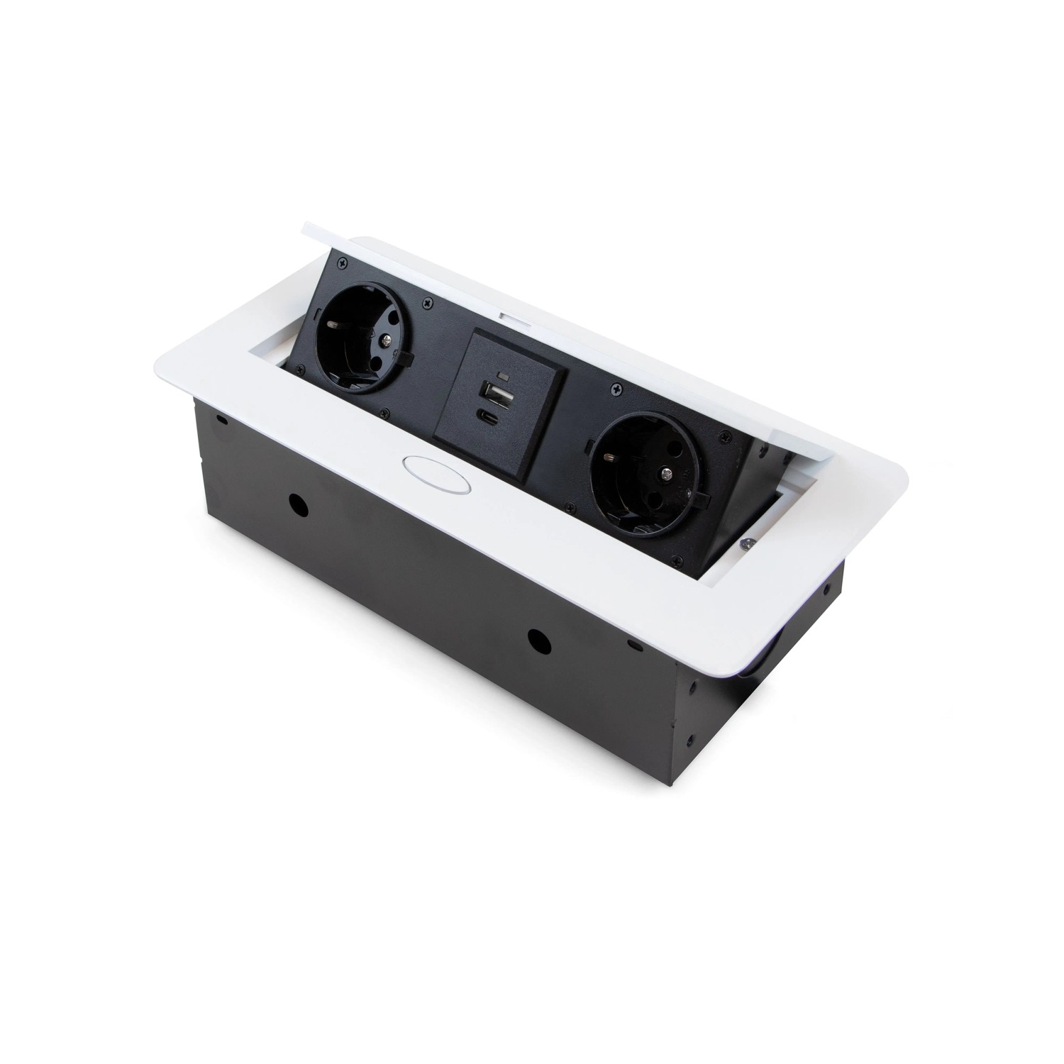 Emuca Desktop Multistecker Atom 26 Lite 225 x 111 mm 2 Schukosteckdosen 1 USB Typ A 1 USB Typ C Zamak Stahl Kunststoff Weiß