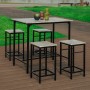 Grau-schwarzes 5-teiliges Bartisch-Set mit 4 Hockern auf Holzterrasse. Moderne Essgruppe mit Metallrahmen und MDF-Platten.