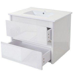 Weißer MCW Waschbeckenunterschrank mit Keramik-Waschbecken, hochglänzend, mit zwei offenen Schubladen.