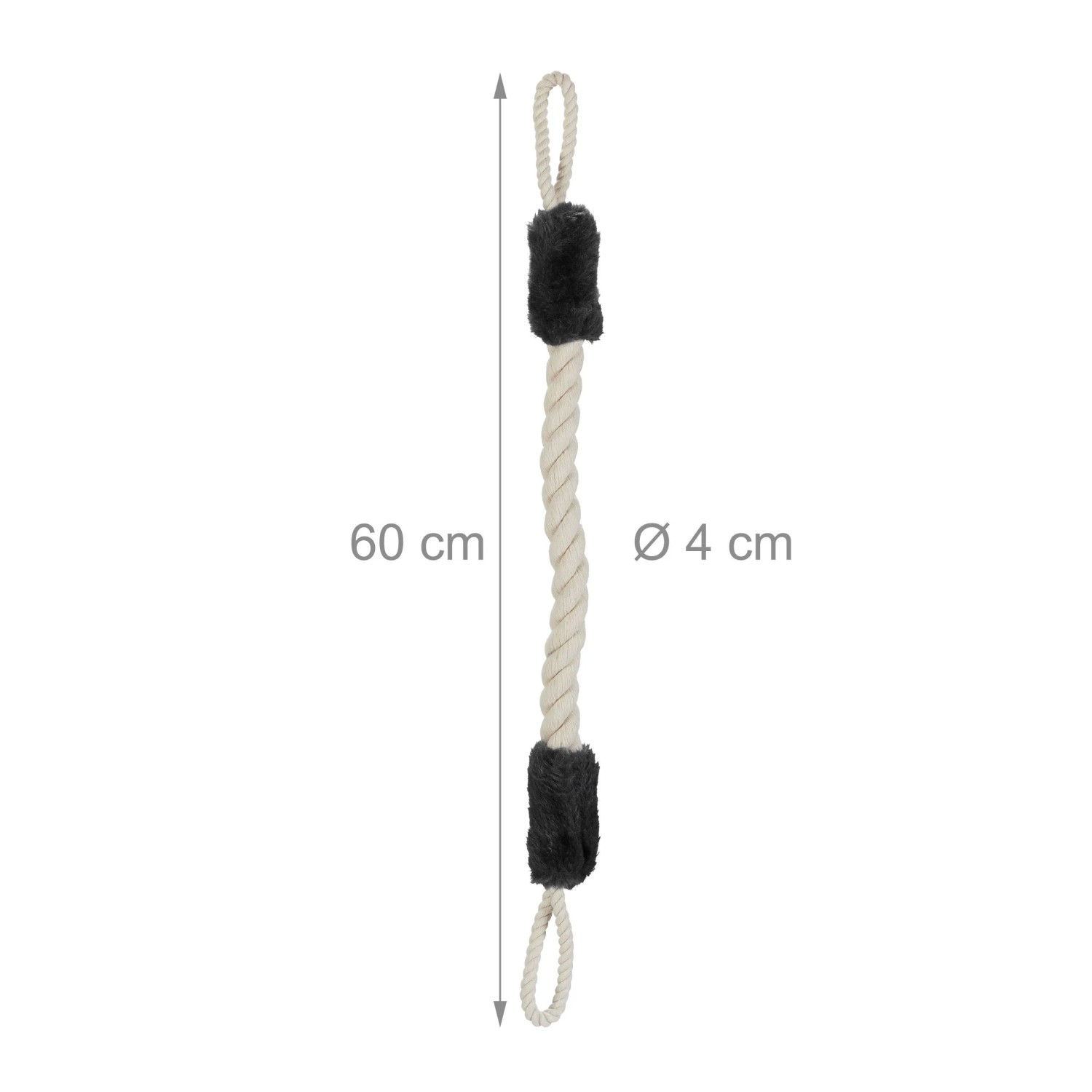 Beige Türkordel Klemmschutz mit schwarzen Puscheln und Schlaufen. 60 cm lang, 4 cm Durchmesser.