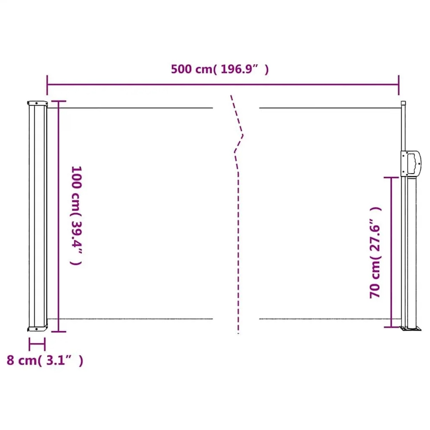 Maße der vidaXL Auszieh-Seitenmarkise Anthrazit 100x500 cm. Übersichtliche Darstellung von Höhe und Breite für Sonnenschutz.