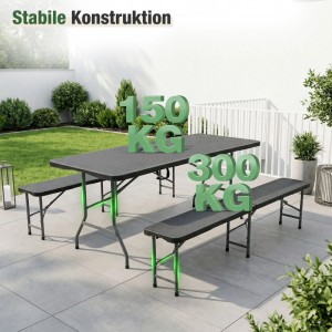 Sekey Bierzeltgarnitur 180cm, klappbar, Rattanoptik schwarz, mit Tisch und 2 Bänken für Garten und Party.