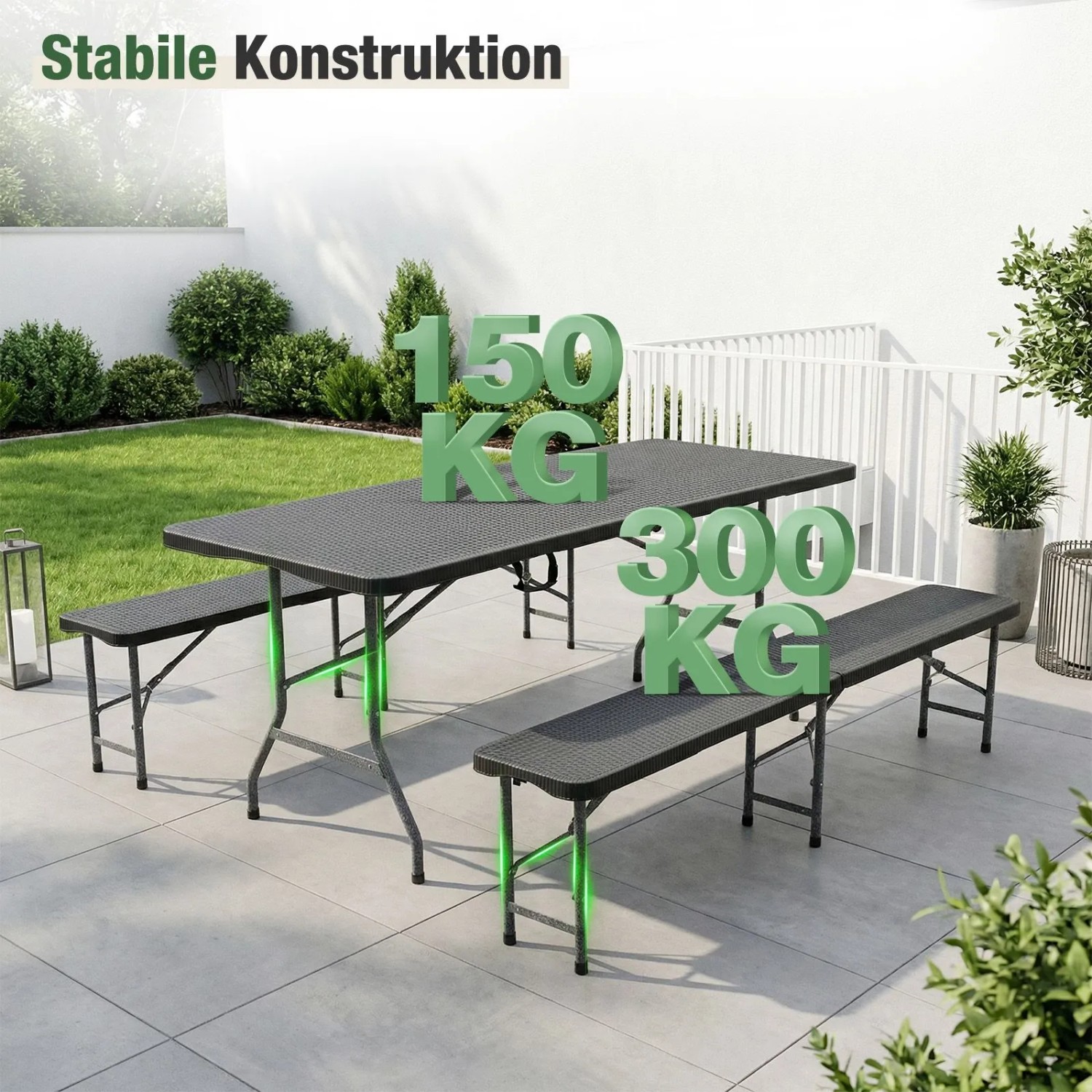 Sekey Bierzeltgarnitur 180cm, klappbar, Rattanoptik schwarz, mit Tisch und 2 Bänken für Garten und Party.