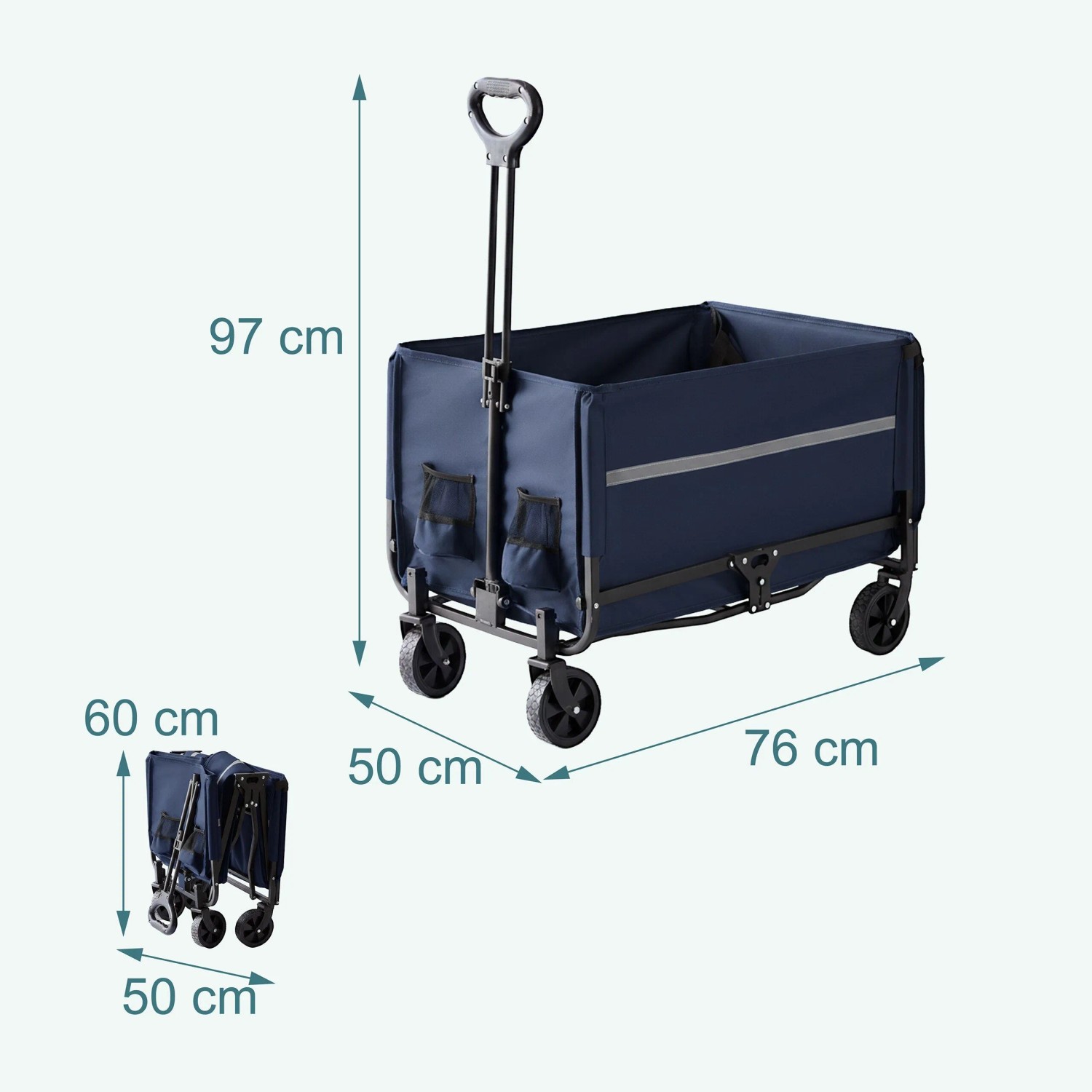 Blauer Relaxdays Bollerwagen aus Stahl, faltbar mit Heckklappe, Maße: 97x50x76 cm.