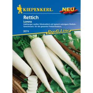 Kiepenkerl Rettich Lorenz F1-Hybride: Weißer, länglicher Rettich auf der Saatgutpackung.