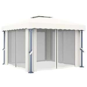 Cremeweißer vidaXL Pavillon 3x3 m mit Vorhängen und Moskitonetz für Garten & Terrasse.