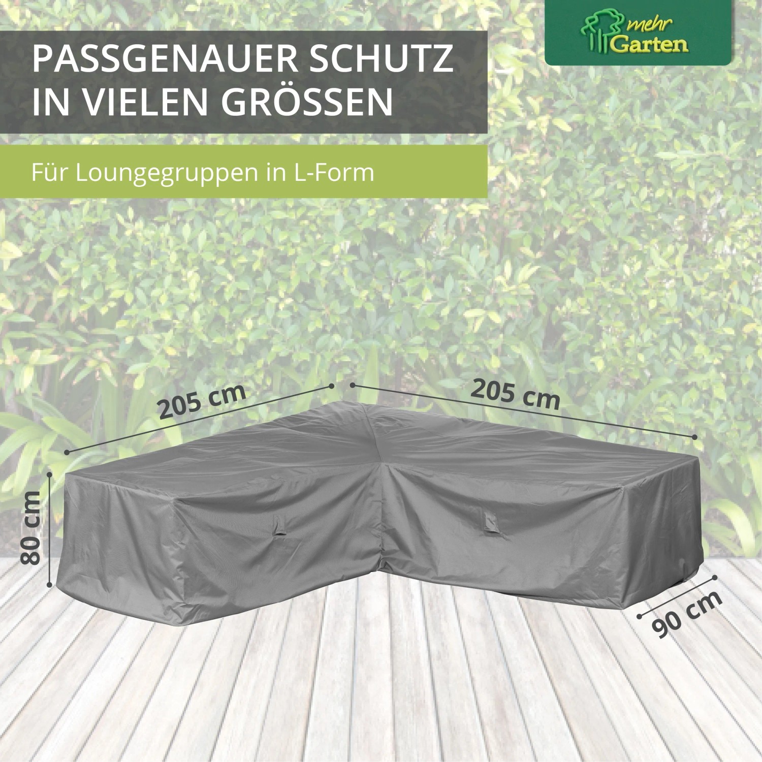 Graue Schutzhülle für L-förmige Loungegruppe, 300x300x80 cm, im Garten.