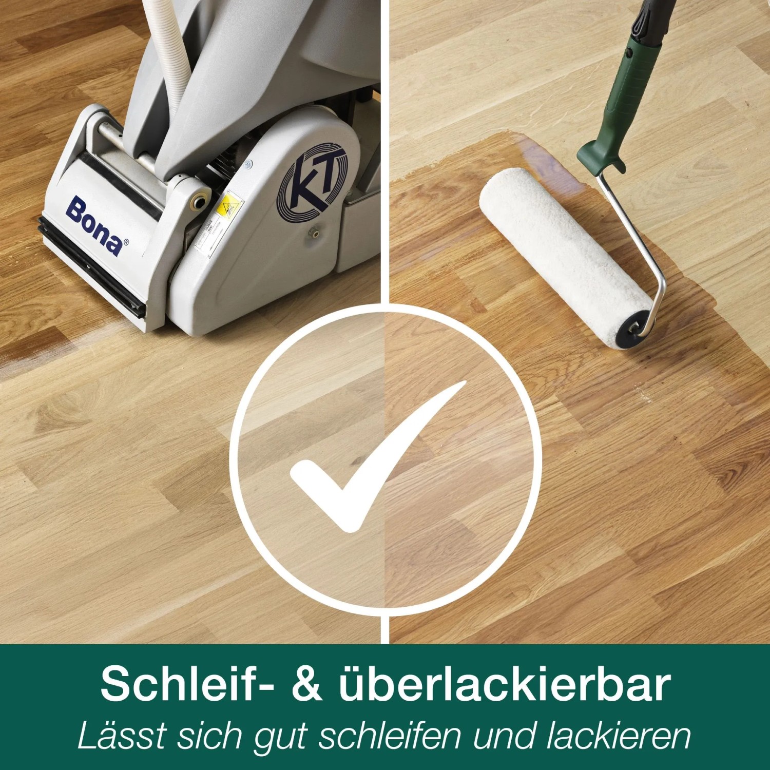 Bona Home Fugendicht Fichte: Schleifen und Lackieren von Holzböden mit Schleifmaschine und Farbroller.