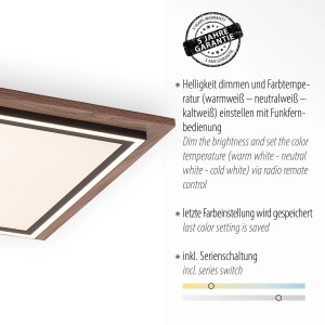 Quadratisches LED-Panel Palma mit Holzdekor, dimmbar und mit einstellbarer Lichtfarbe.