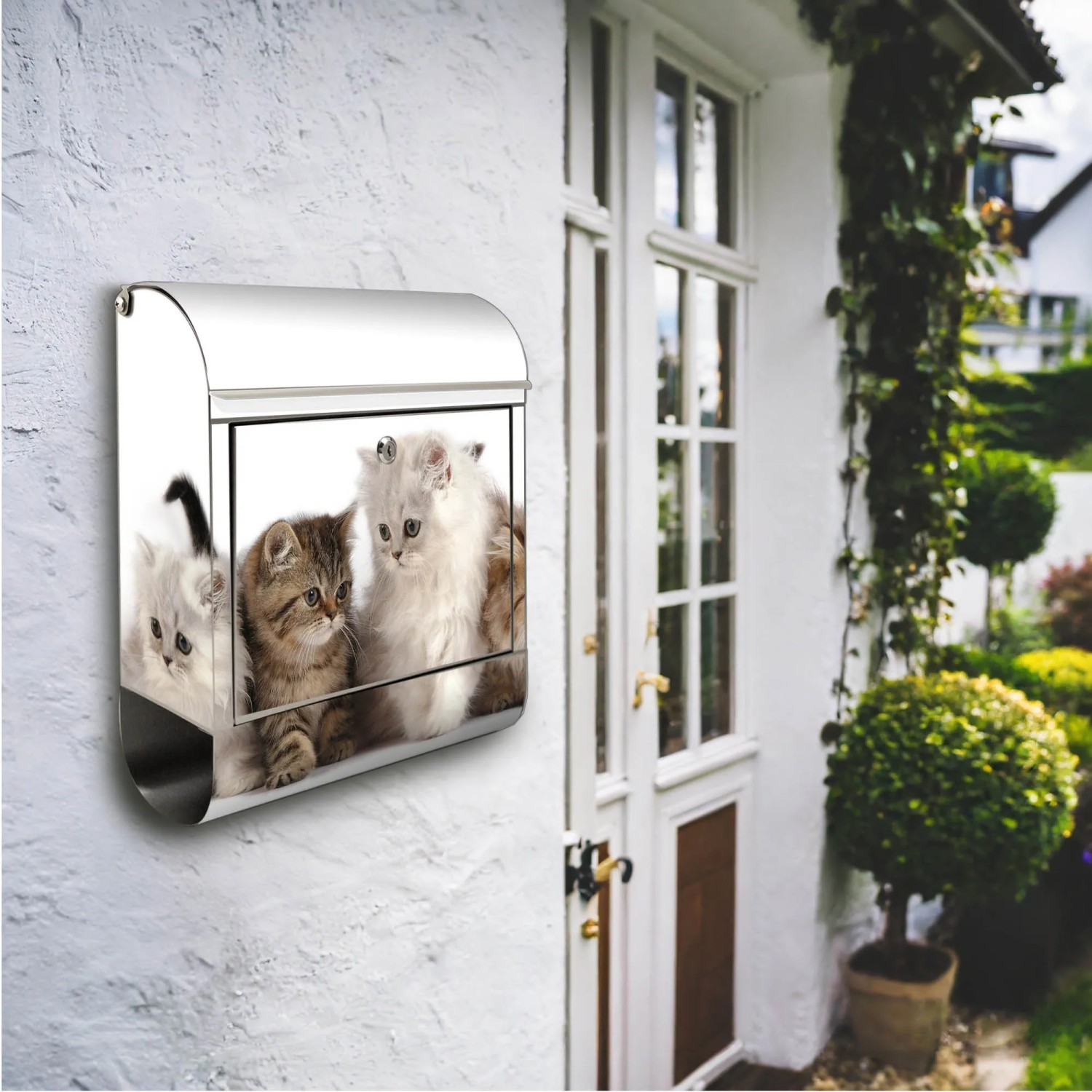 Edelstahl Briefkasten mit Katzen Motiv und Zeitungsfach. Rostfreier Wandbriefkasten.