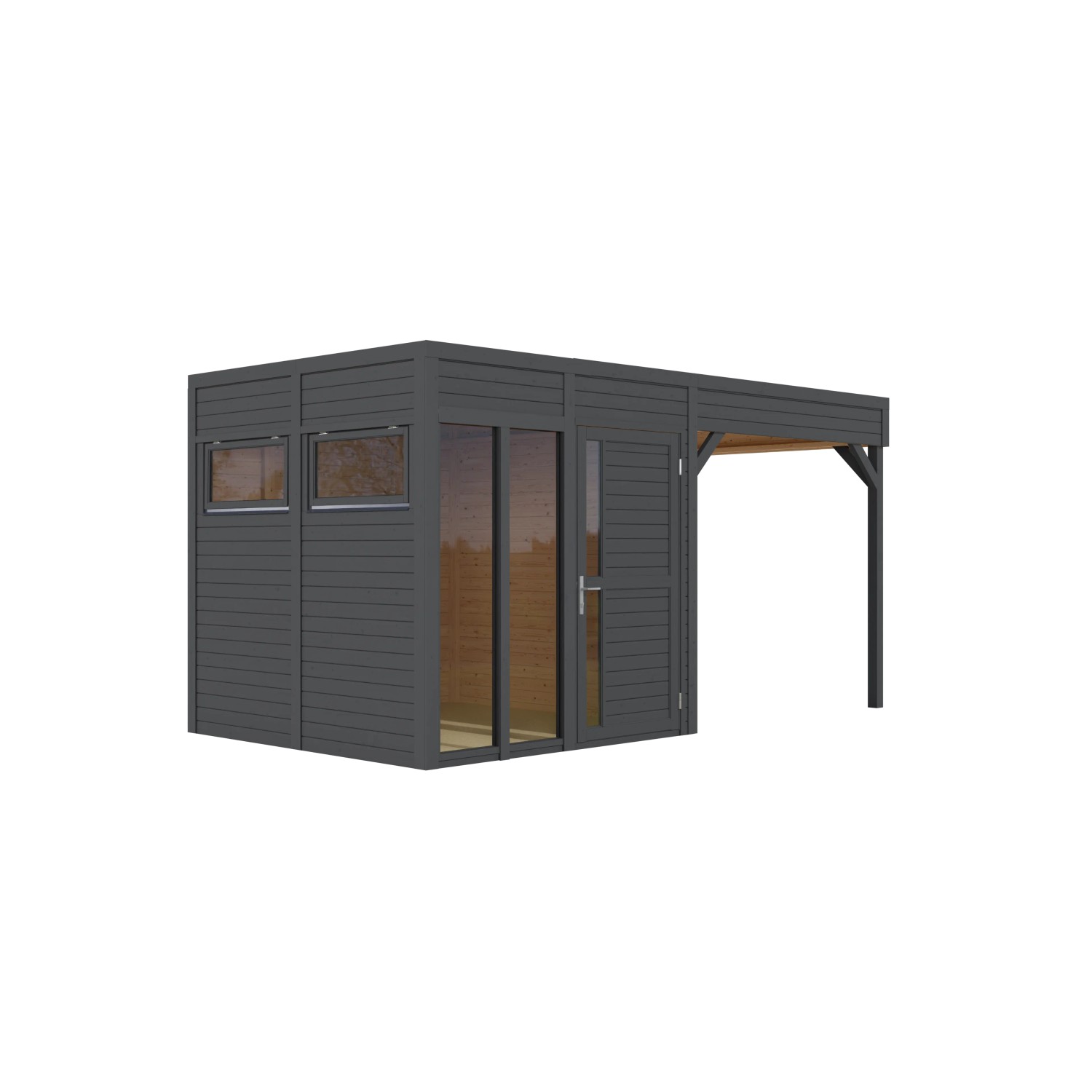 Bertilo Elementgartenhaus Cubus 2 Office Lounge, naturbelassenes Holz mit Fenster und Überdachung.