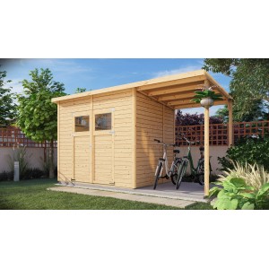 Unbehandeltes Bertilo Holz-Gartenhaus mit Pultdach und Anbau, Fahrräder abgestellt.