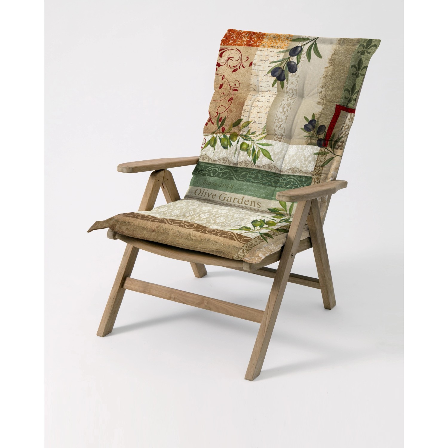 Beo Sitzauflage Glasgow Beige-Natur für Niedriglehner Gartenstühle mit Oliven-Design.