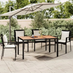 Schwarzer vidaXL Gartentisch mit Holzplatte und vier Stühlen unter einem Sonnenschirm.