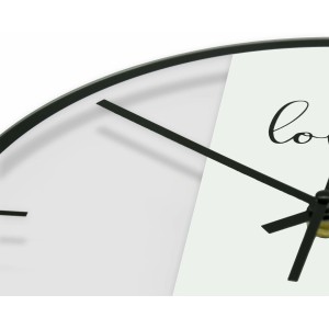 Transparente Wall-Art Wanduhr Love aus Glas, Ø 30 cm, mit schwarzen Zeigern.