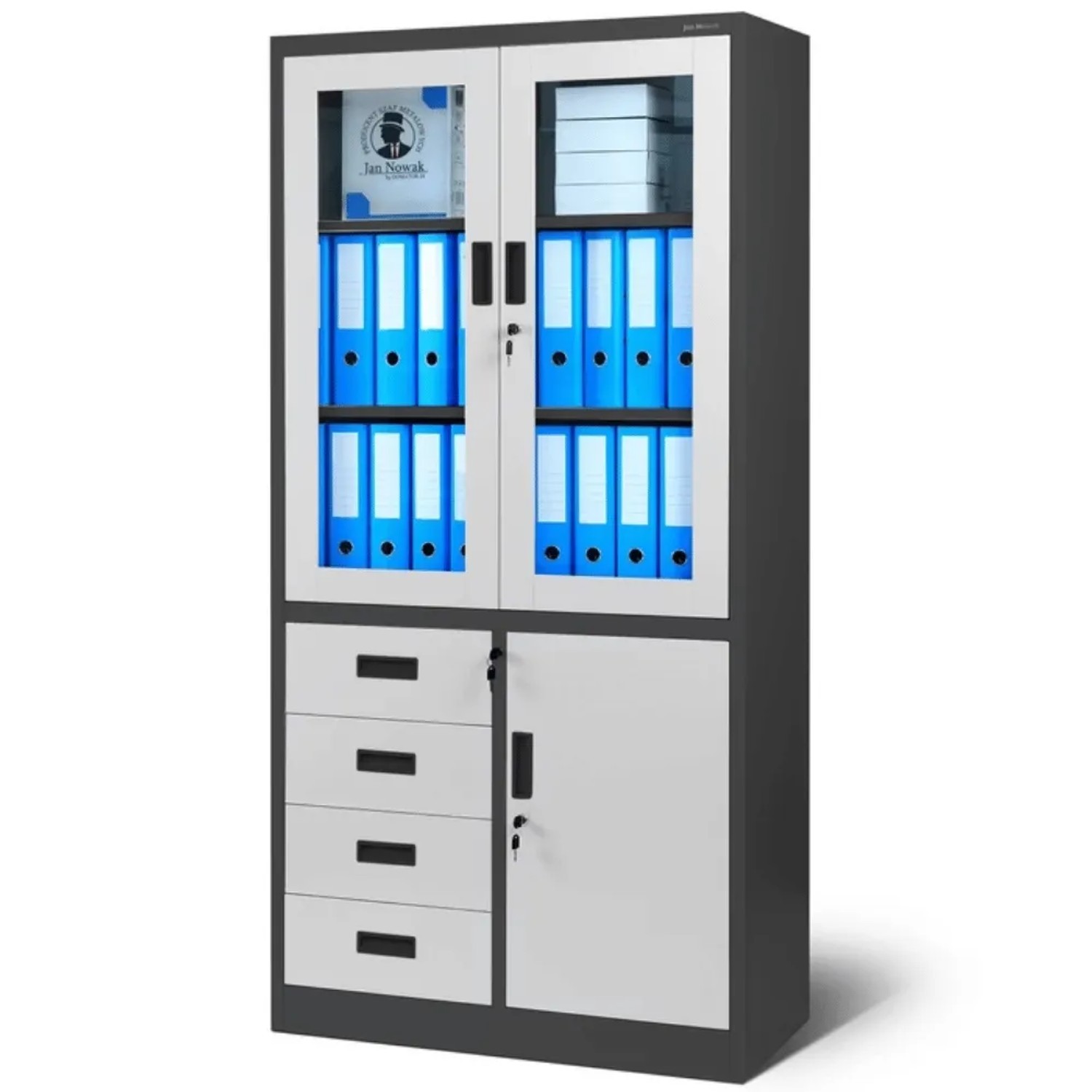 JAN NOWAK Vitrinenschrank Abschließbar WIOLA mit Schubladen 185 x 90 x 40 cm Anthrazit-Weiß