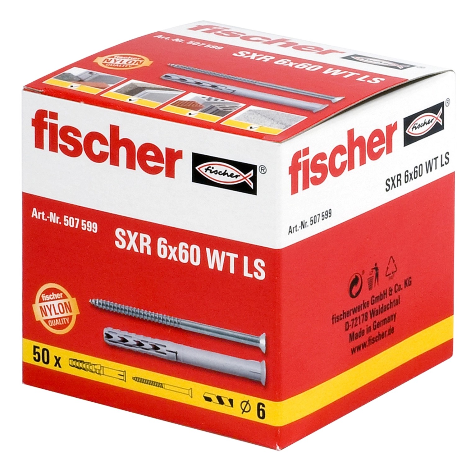 Verpackung Fischer Langschaftdübel SXR 6x60 WT LS (50 Stk.) aus Nylon, Dübel und Schraube