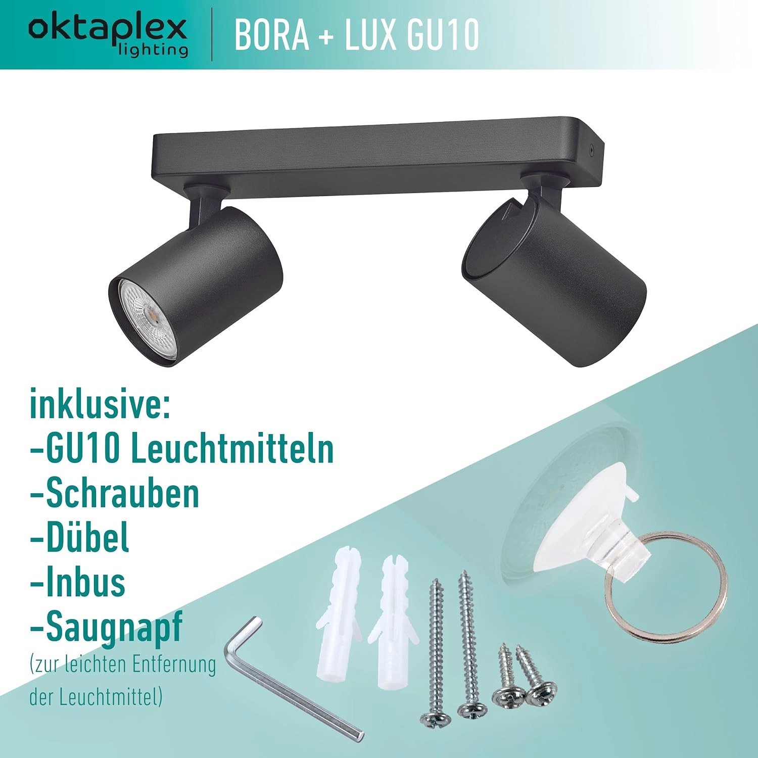 Schwarzer Oktaplex Bora Deckenstrahler, 2-flammig, schwenkbar, inklusive GU10 Leuchtmittel und Zubehör.