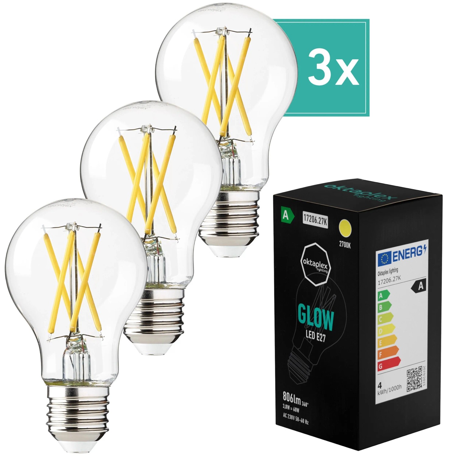 Oktaplex Glow 3er Set E27 LED-Leuchtmittel Filament 3,8W 806,m Warmweiß 2700K Ersetzt 60W Glühbirne Energieklasse A