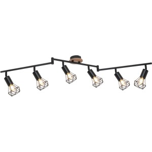 Schwarzer Globo Strahler Xara I mit 6 Leuchten und Holzdetails. Moderner Deckenstrahler für Wohnräume.