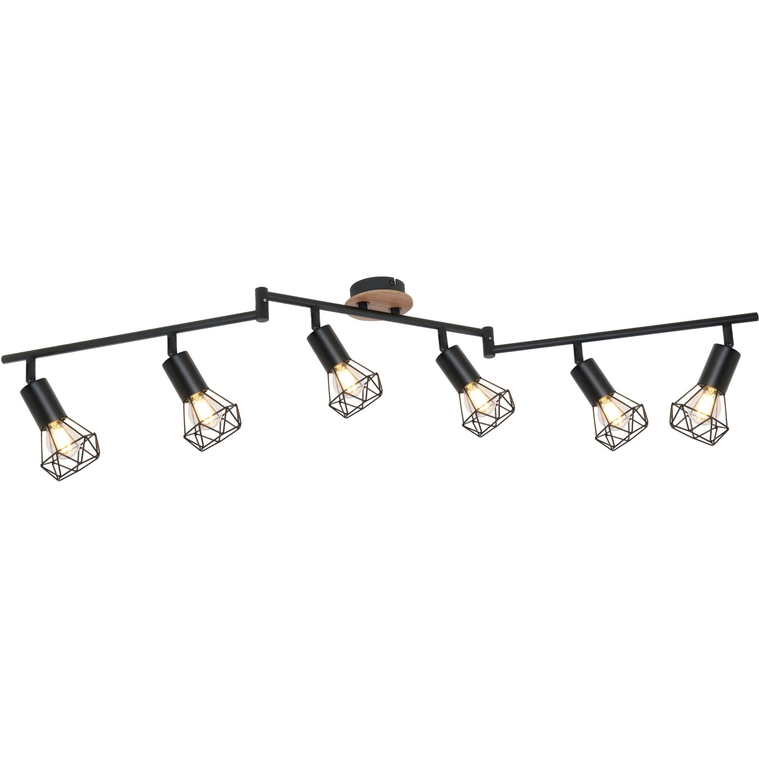 Schwarzer Globo Strahler Xara I mit 6 Leuchten und Holzdetails. Moderner Deckenstrahler für Wohnräume.