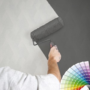 Überstreichen der Bricoflor Vliestapete mit Rautenmuster in Grau mit Farbpalette.