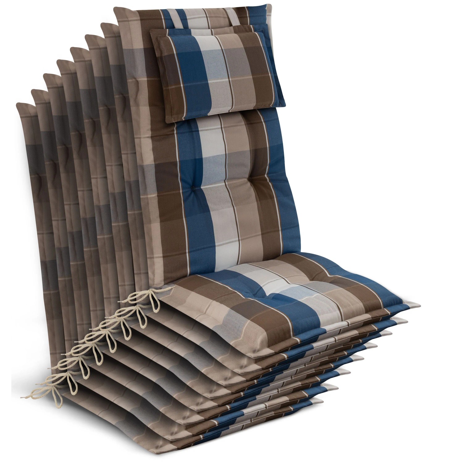 Beautissu 8x Gartenstuhlauflage Hochlehner 120x50x7cm Braun-Blau-Kariert