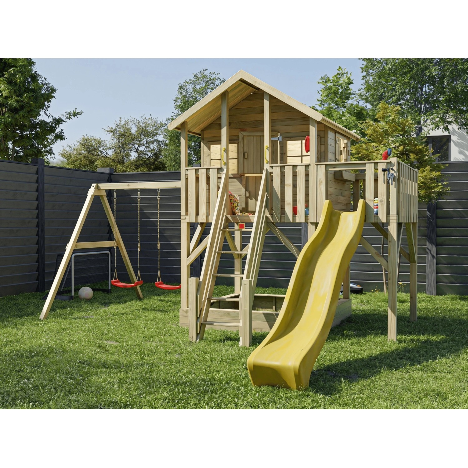 Prestige Garden Stelzenhaus Big House XL KDI Inklusive Doppelschaukel und Rutsche Gelb