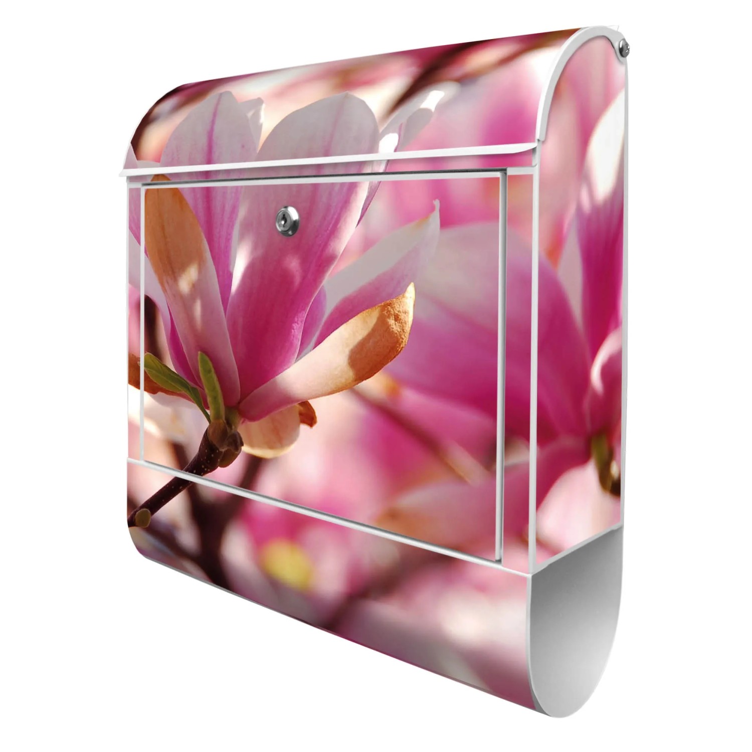 Weißer Banjado Briefkasten mit Magnolien Motiv und Zeitungsfach.