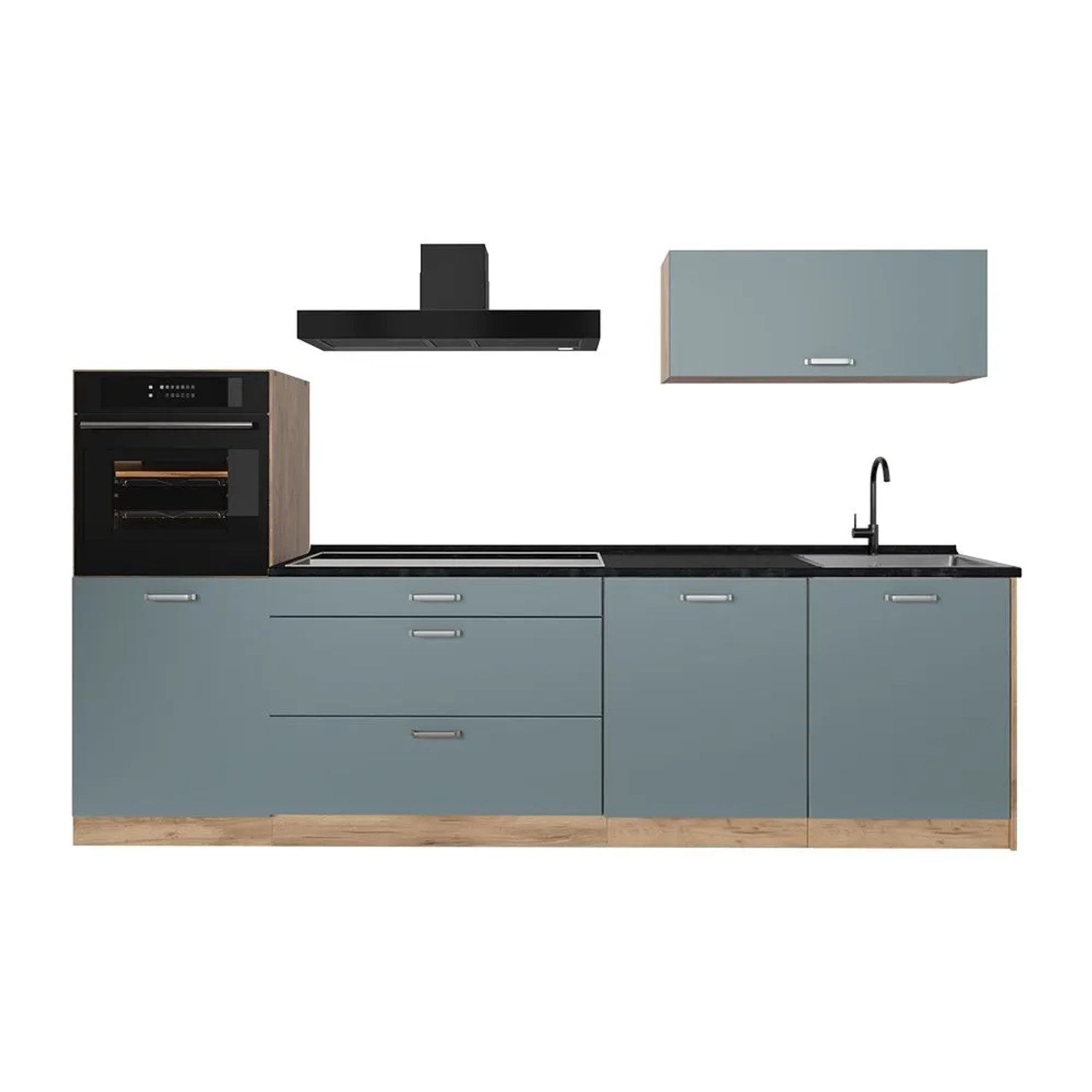 Vicco Küchenzeile R-Line Blau-Grau/Goldkraft Eiche 280 x 143 Arbeitsplatte Anthrazit Art Nr 67257