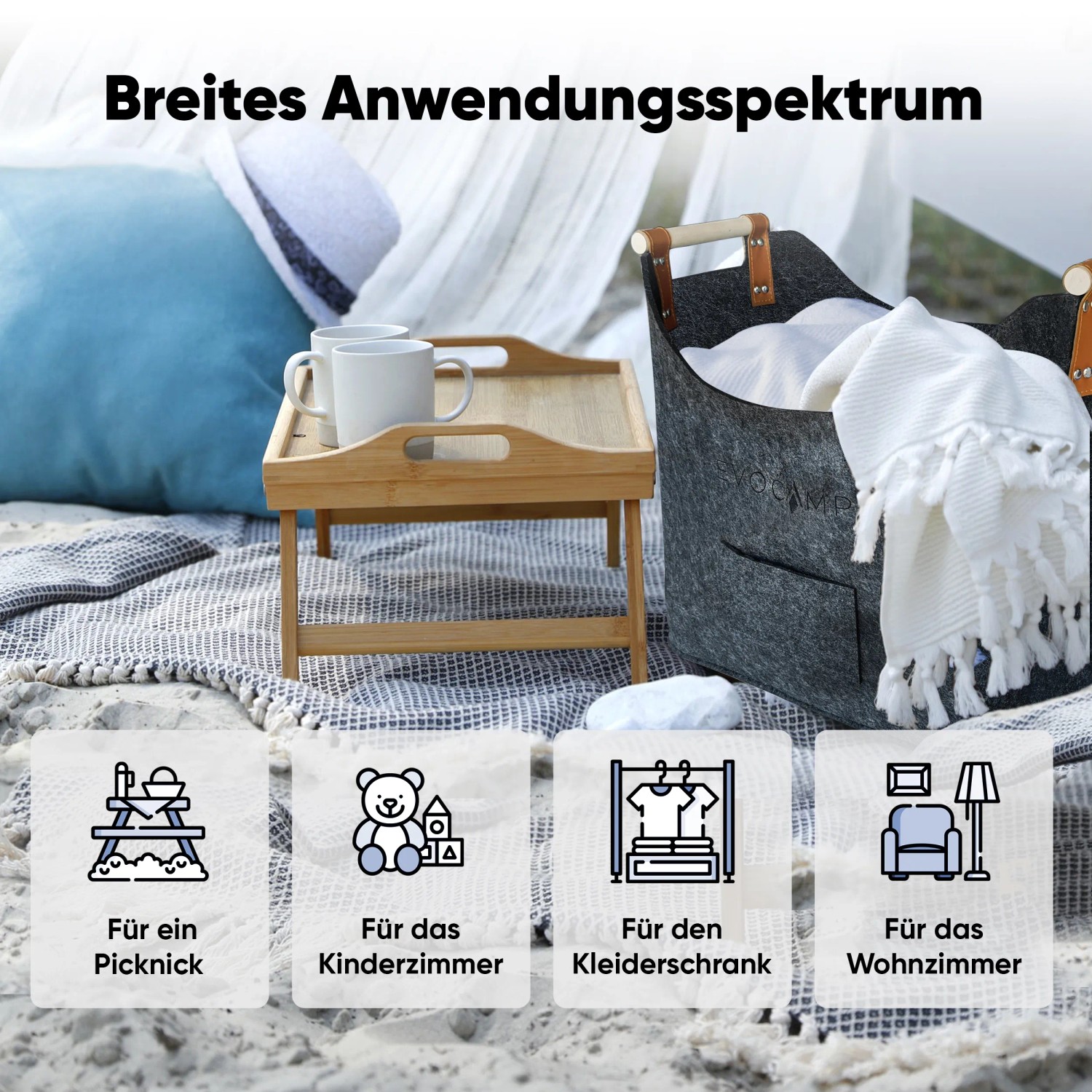 Dunkelgrauer Filz Kaminholzkorb mit Holzgriffen und Decke, vielseitig einsetzbar.