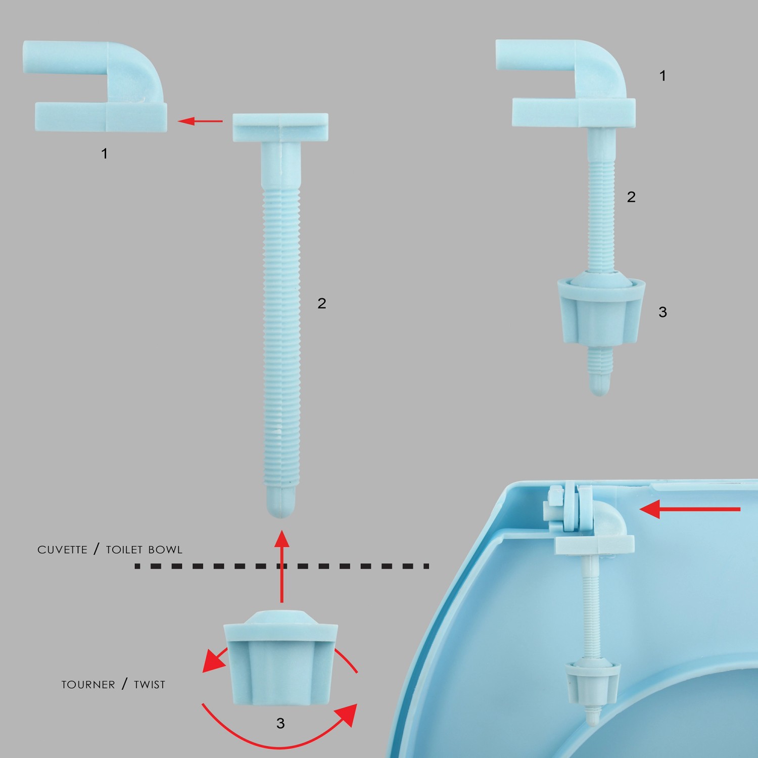 Montageanleitung für MSV WC-Sitz aus Polypropylen in Rosa, Details zu Scharnieren und Befestigung.