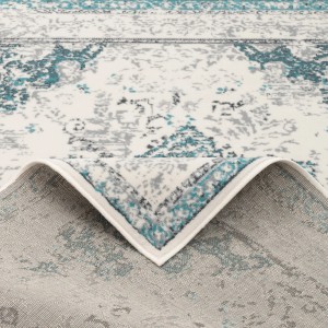 Designer Teppich Pop-Vintage in Blau und Creme, 80x150cm. Kurzflorteppich mit Muster.