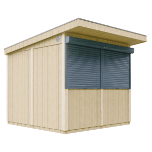 Timbela Premium Verkaufsstand M950, beige-braun, mit Rollläden. Ideal für Märkte.