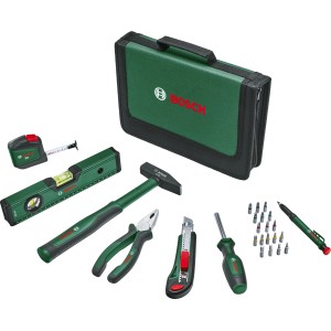 Bosch Universal Handwerkzeug Set, 25-teilig mit Zange, Hammer, Schraubendreher, Cutter, Bits und Etui.