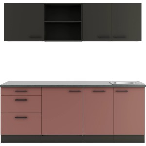 OPTIFIT Küchenzeile Madrid420/Nizza407, 210 cm, Anthrazit/Rostrot mit Spüle und Elektrogeräten.