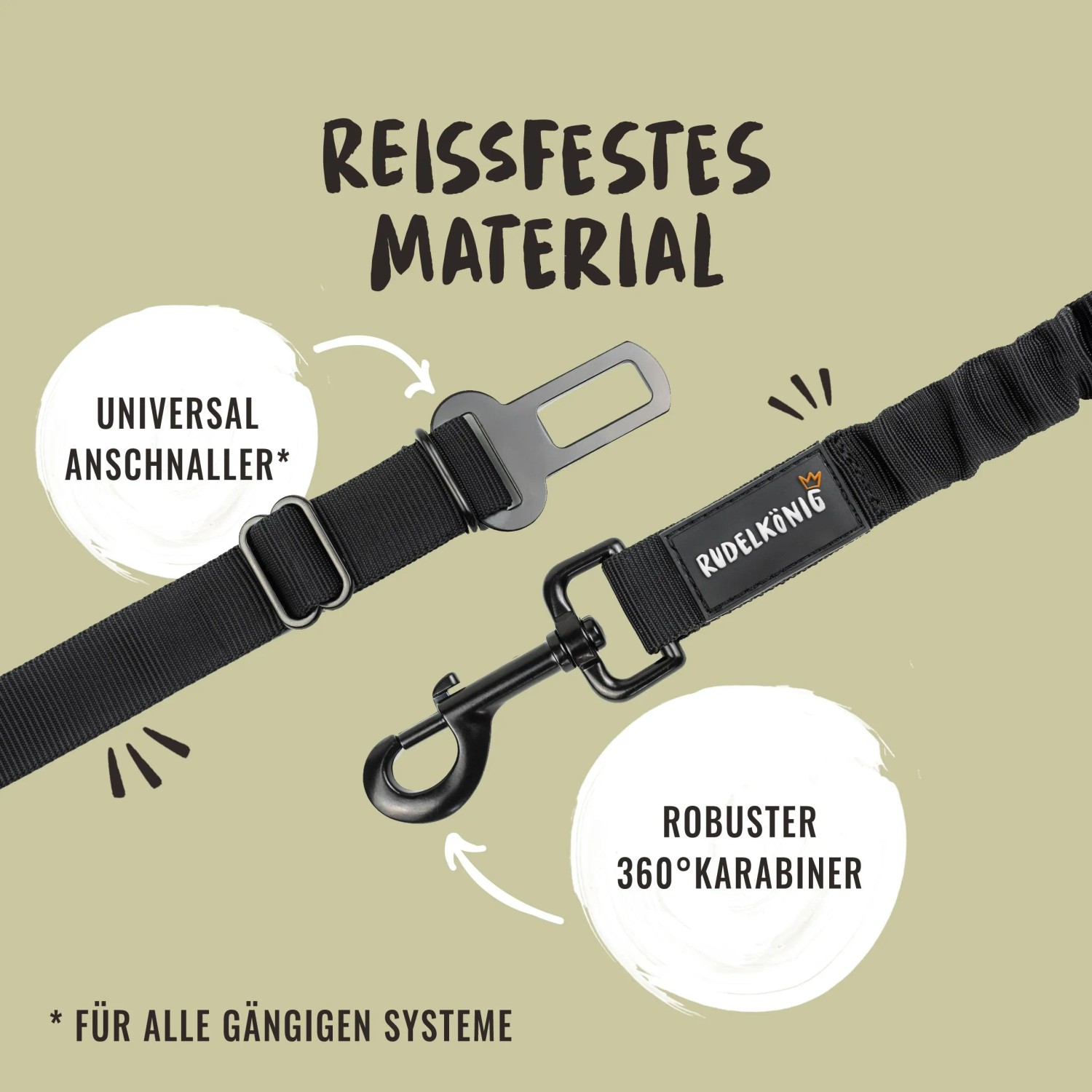 Rudelkönig Hund Sicherheitsgurt, verstellbar, schwarz, mit Auto-Anschnaller und Karabiner.