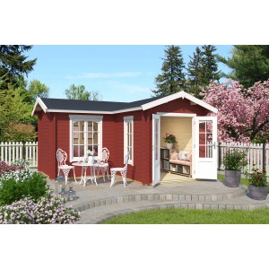 Schwedenrotes Lasita Maja Gartenhaus Portsmouth mit geöffneten Türen und Gartenmöbeln.