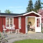 Schwedenrotes Lasita Maja Gartenhaus Portsmouth mit geöffneten Türen und Gartenmöbeln.