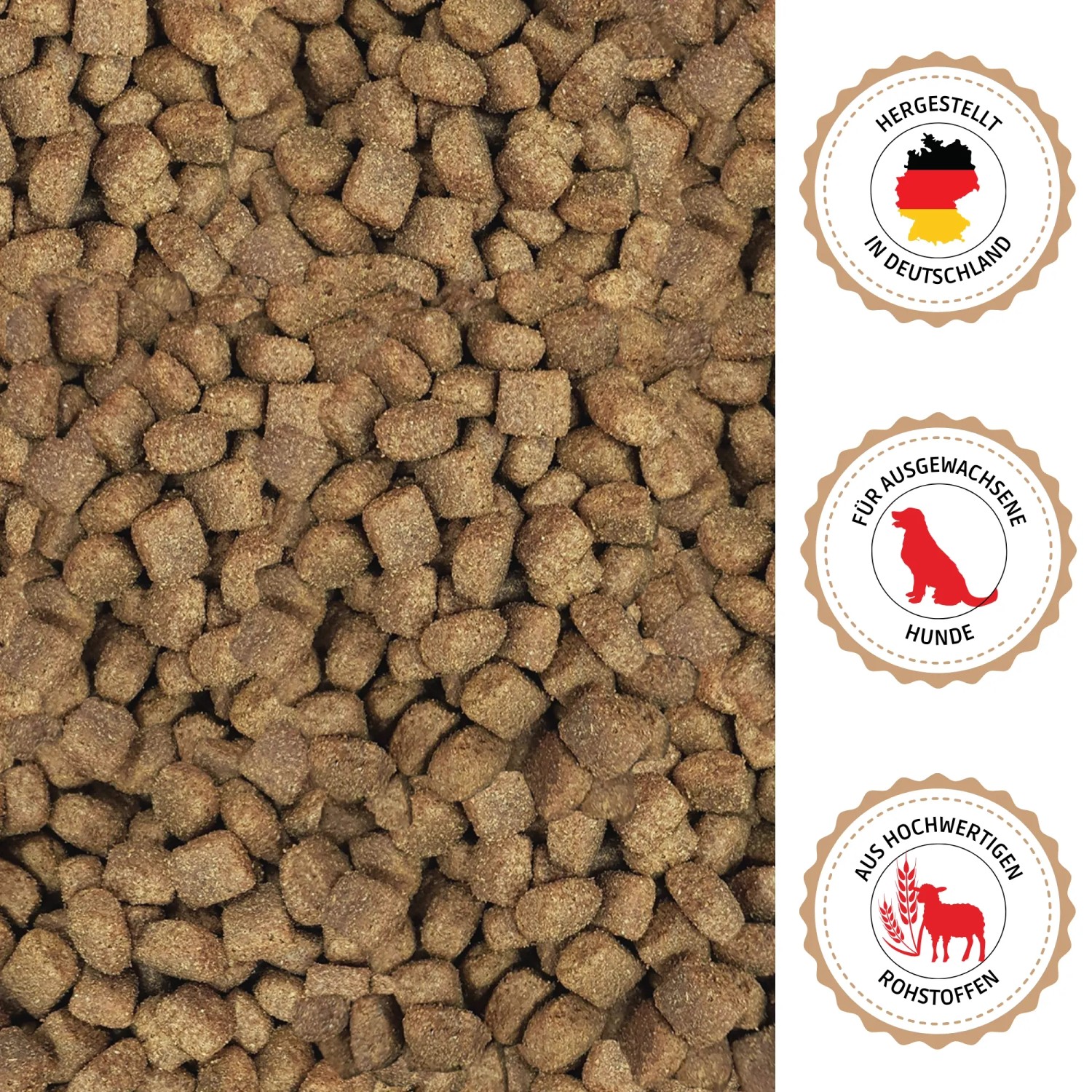 Supravit Trockenfutter für Hunde mit Lamm & Reis. Kleine, braune Pellets, hergestellt in Deutschland, für ausgewachsene Hunde.