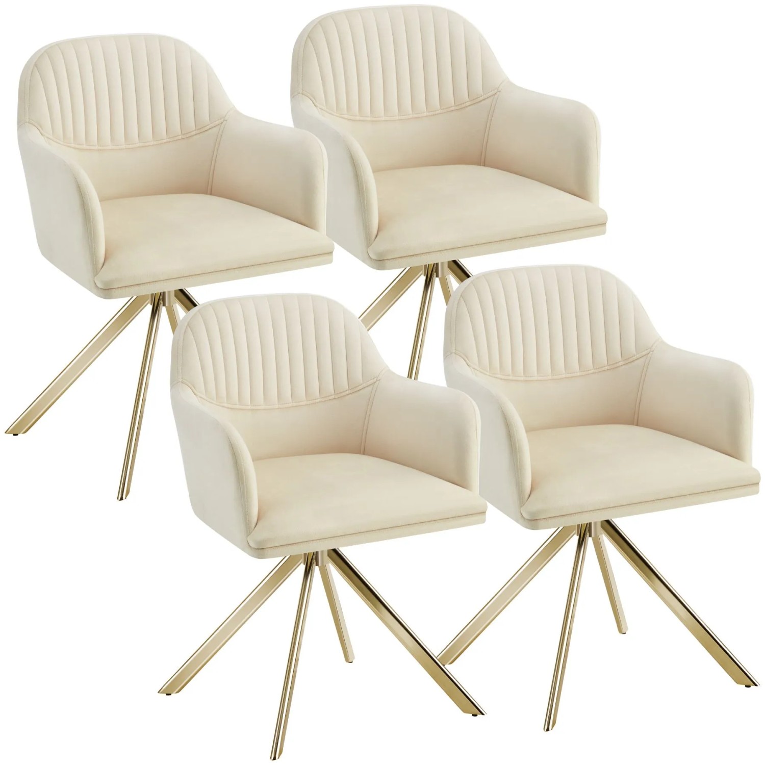 Tectake Samt Drehstuhl Lona Gepolstert Mit Durchgehender Lehne  4Er Set 59 x 56 x 81 cm Creme Gold