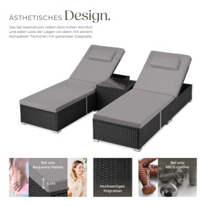 Tectake Rattan Doppelliege mit Tisch, schwarz, verstellbare Rückenlehne. Sonnenliege für zwei Personen.