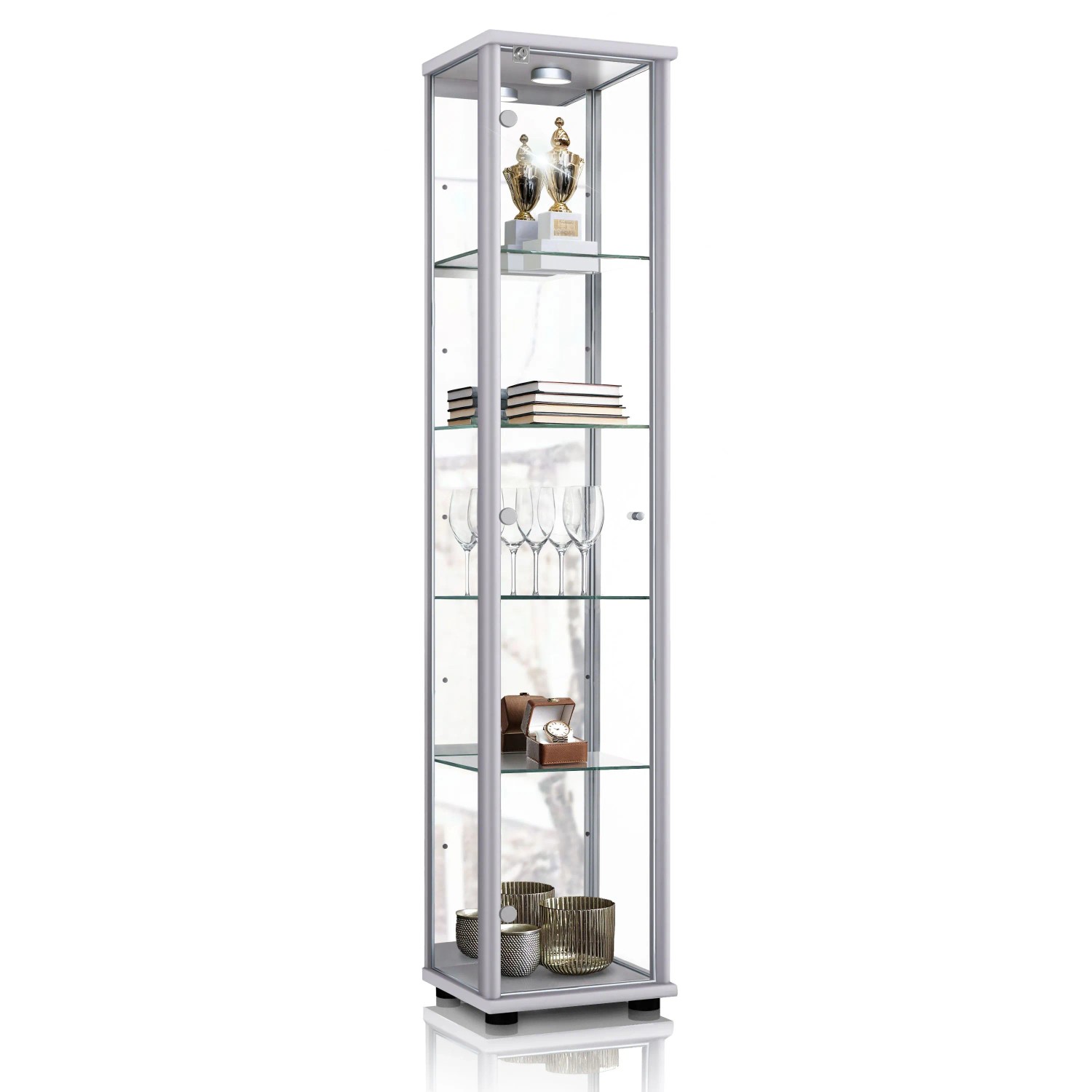 K-Möbel Sammlervitrine Stehend 176x37x33 Cm Made In Germany Mit Spiegel & Schloss & Led & Glasböden Silber