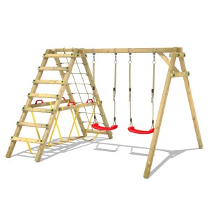 Wickey Schaukel Smart Hike Rot mit Kletteranbau und zwei roten Schaukelsitzen.