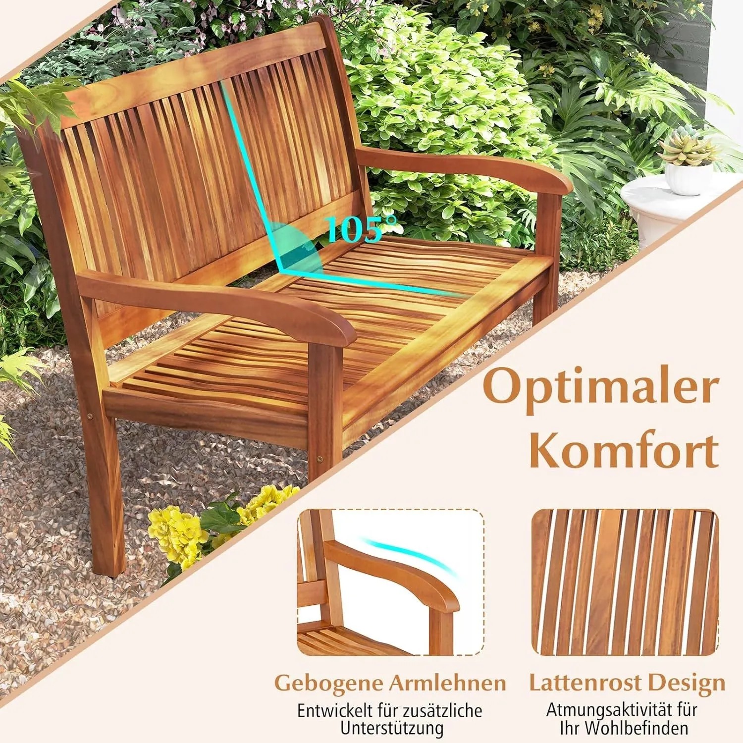 Gartenbank aus Akazienholz mit Lattenrost, gebogenen Armlehnen und geneigter Rückenlehne (105°) im grünen Garten.