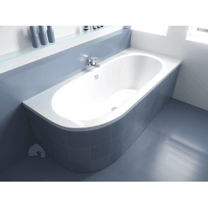 Weiße KOLMAN Eckbadewanne 170x75 cm aus Acryl, rechtsseitig, mit Armatur in modernem Badezimmer.
