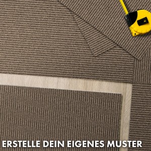 Beige Teppichfliesen Bern, 50x50 cm, mit Streifenmuster und Maßband auf hellem Boden.