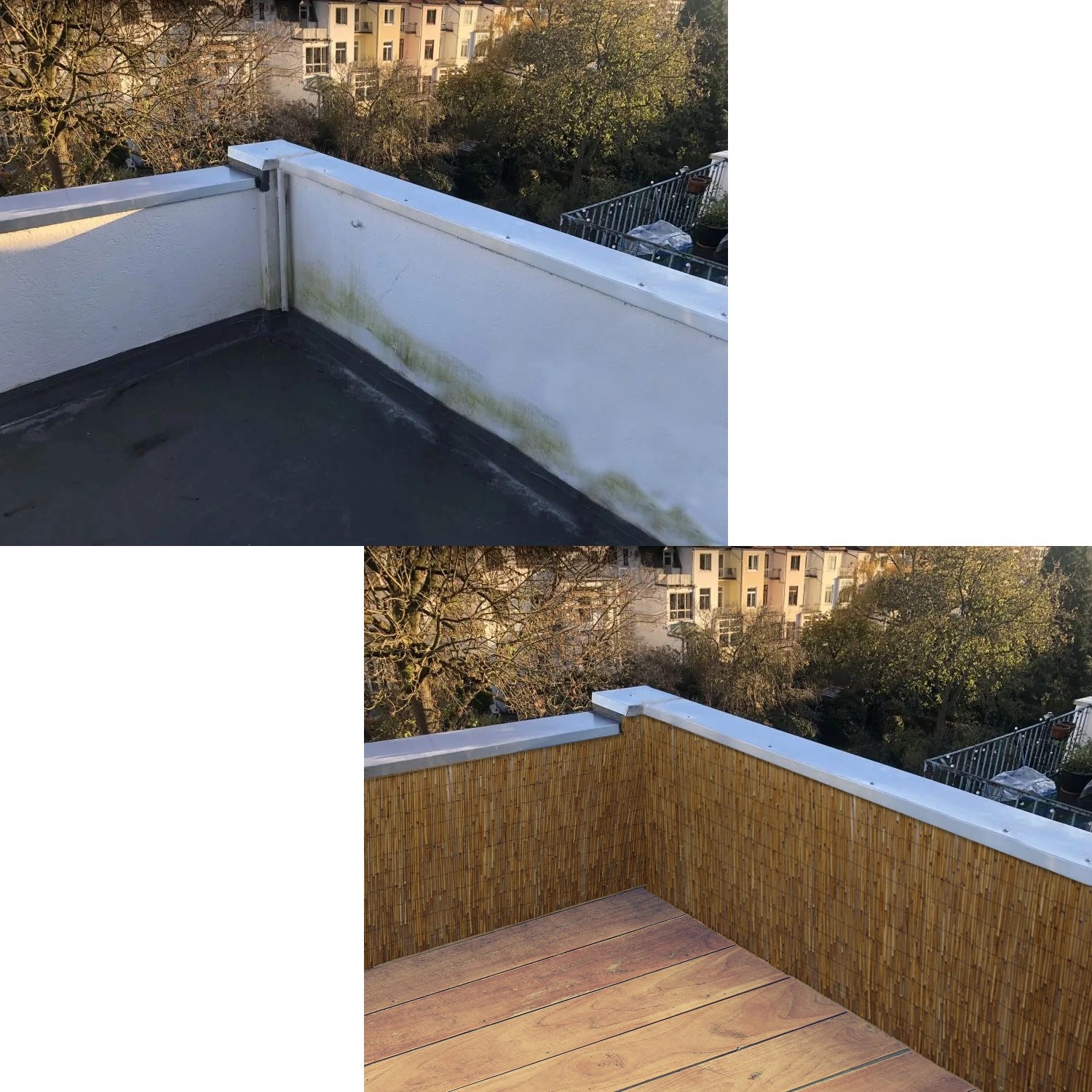 Vorher-Nachher: Balkon mit urfence Schilf Sichtschutz in Braun, 110x600 cm. Mediterranes Flair für dein Zuhause.